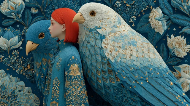 Red Haired Girl and Blue Magpies 3D Art
