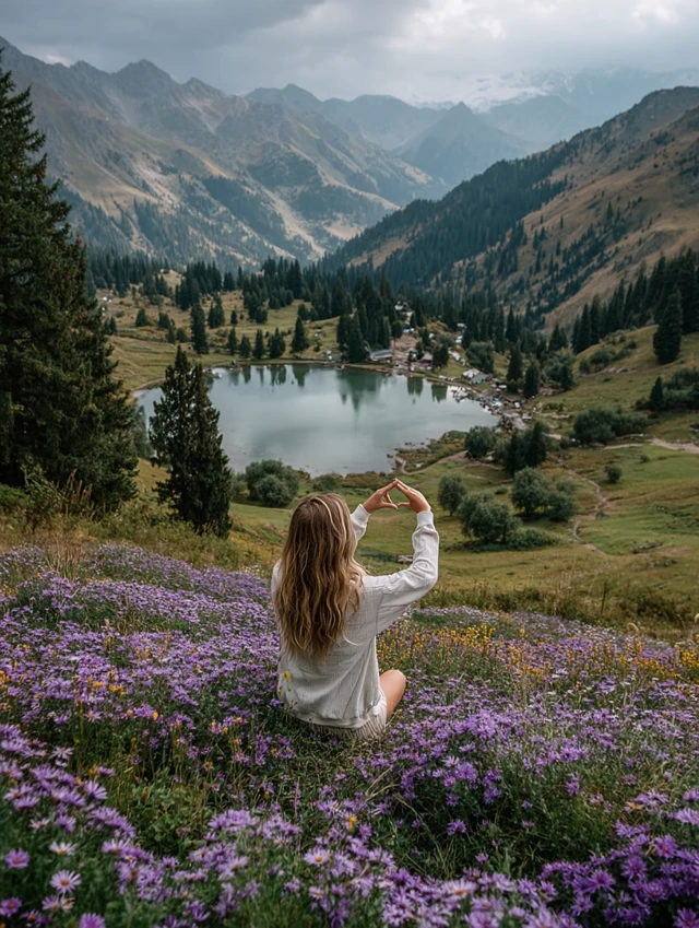 Girl in Mountains Lake View with Heart Shape Gesture