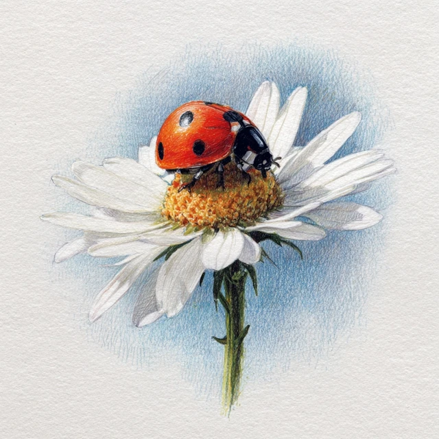 Ladybug on Daisy Detailed Watercolor Pencil Drawing