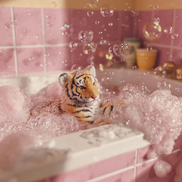 Cute Tiger in Bathtub Bubbles Oil Painting