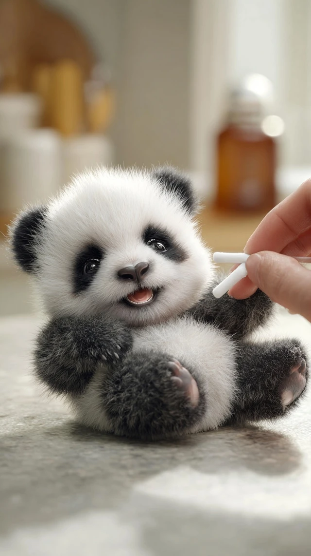 Cute Baby Panda Getting Tickled Photorealistic