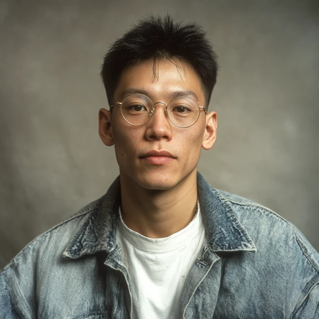 Handsome Asian Man in Glasses Denim Jacket