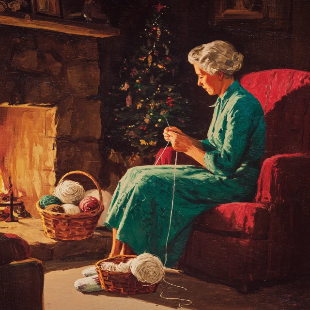 1940s American Painting Grandmother Knitting at Christmas