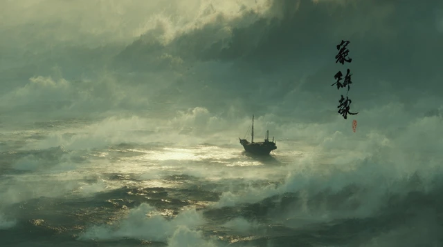 Chinese Landscape Painting Misty River and Ancient Boat
