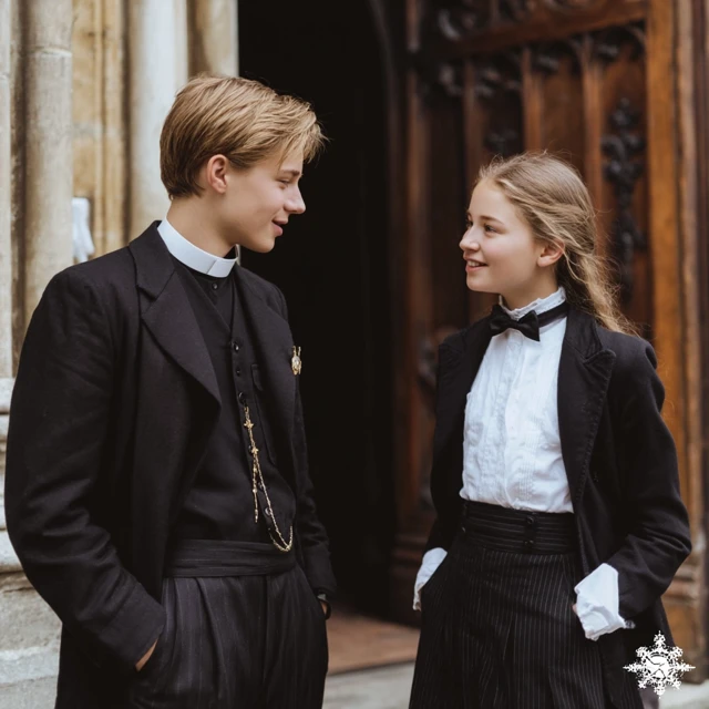 Priest and Student Conversation in Front of a Church