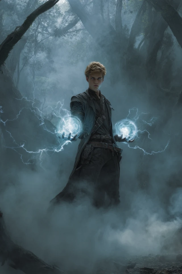 Young Mage in Dark Forest Casting Lightning