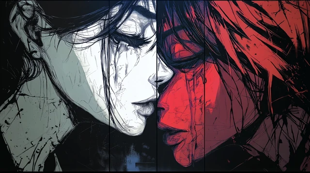 Split Portrait of Two Women in Dark Tones