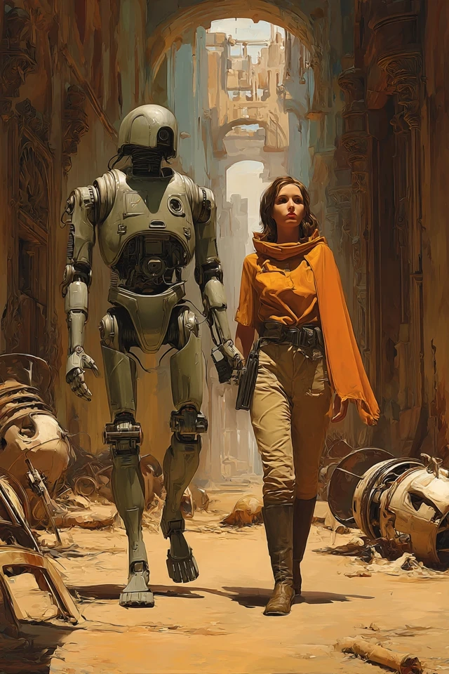Retro SciFi Explorer and Robot in Alien City