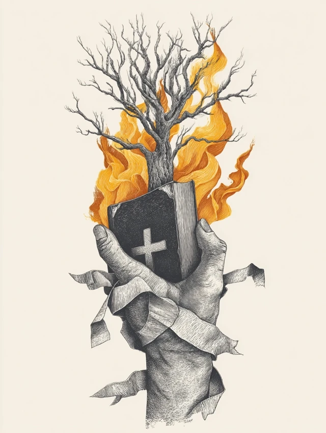 Hand Holding Bible and Burning Bush Illustration