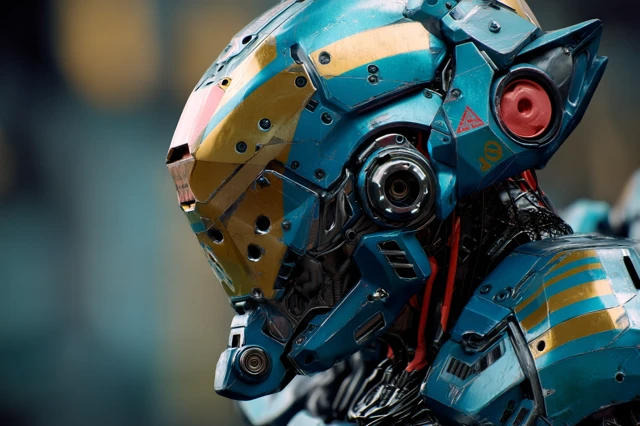 Hyper Real Battle Mecha Portrait in Teal Gold