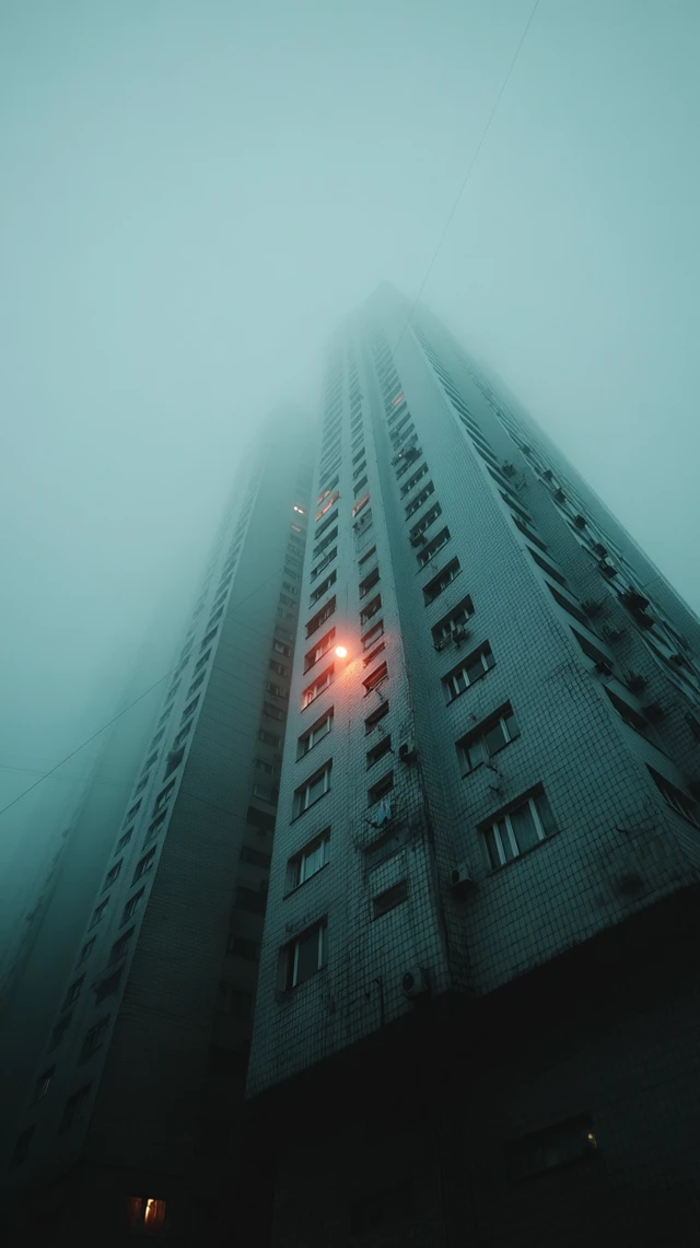 Retrofuturistic Skyscraper in Turquoise Fog
