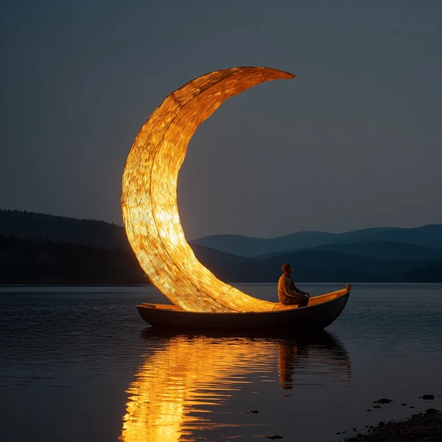 Giant Illuminated Moon Sculpture on the Lake