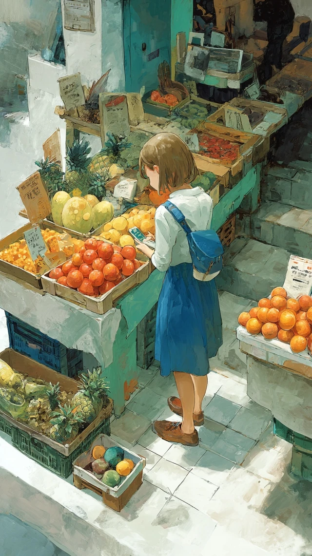 Girl at the Market Anime Illustration