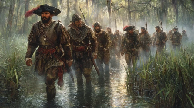 Mayan Warriors in a Swamp Ambush Dawn
