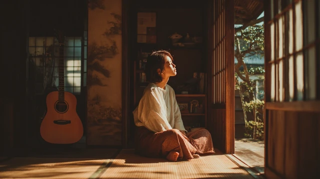 Woman in Japanese Room Sunlight Acoustic Guitar