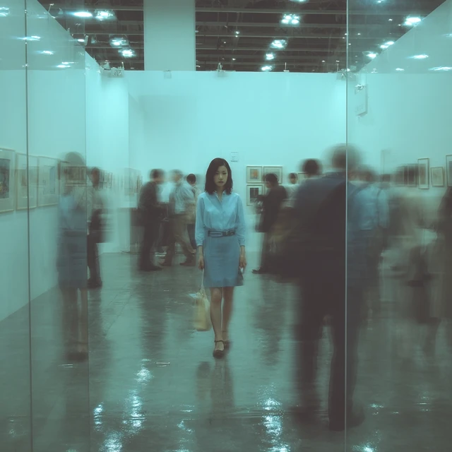 Exhibition Hall Scene Woman and Visitors