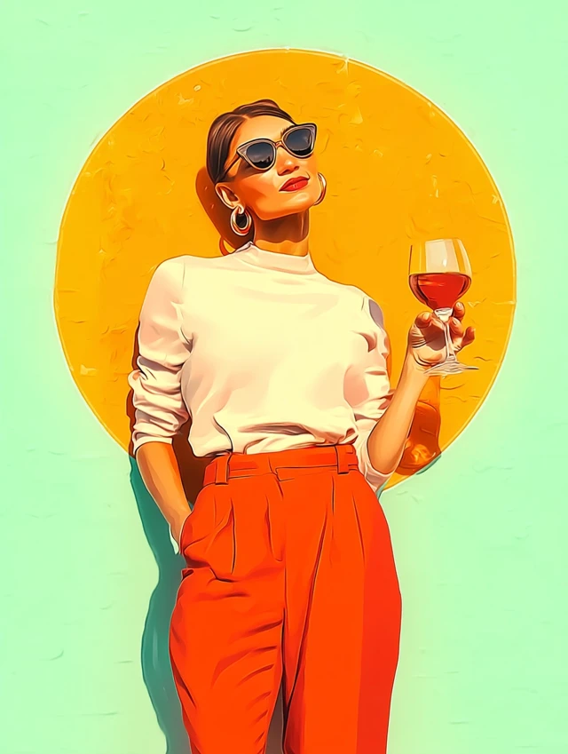 Elegant Woman with Wine Sunglasses Poster Illustration