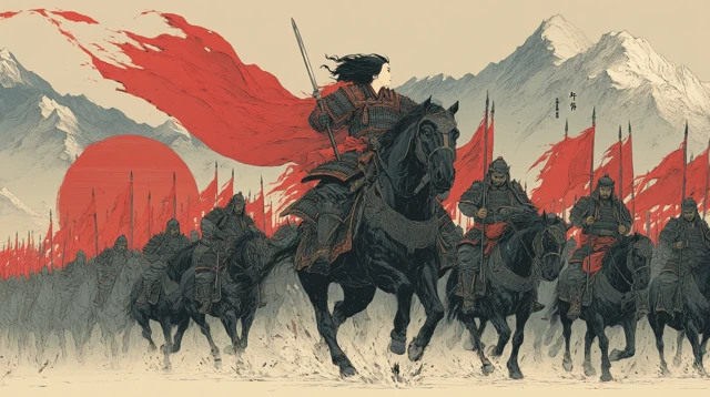 Mulan on Horseback Chinese Ink Wash Painting