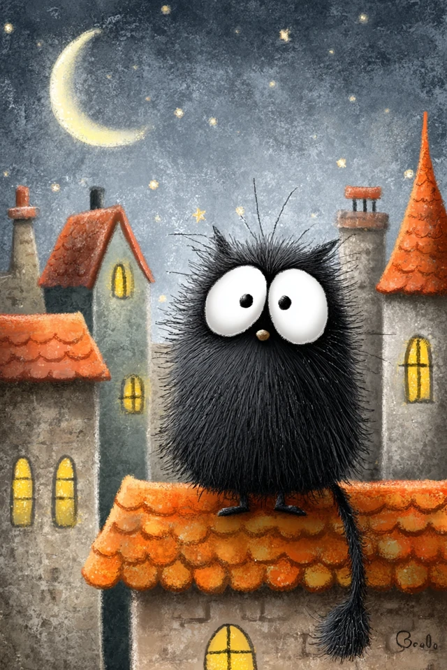 Cute Cat on Rooftop Cartoon Night Scene