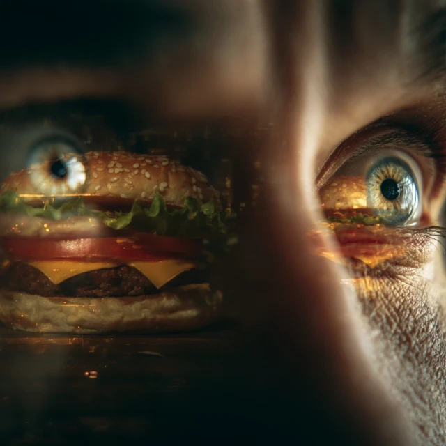 Burger Reflection in Mans Eyes Cinematic Shot