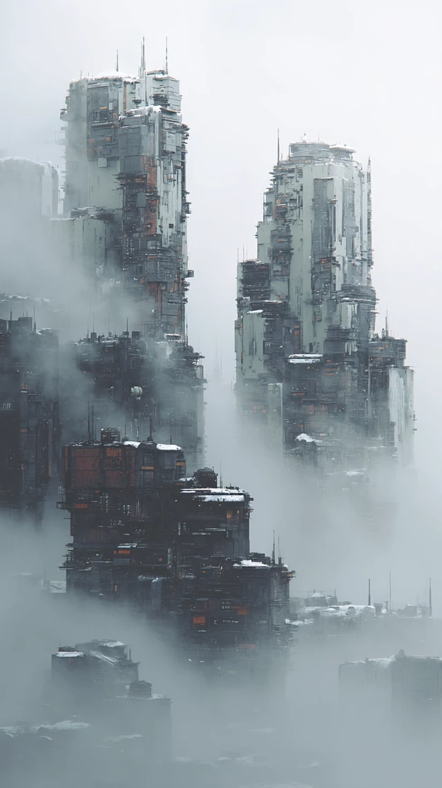 Dystopian Cityscape: Abstract Architecture in the Fog