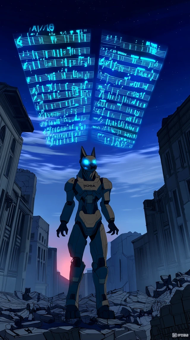 Anime Robot Dog in Ruins with Musical Holograms