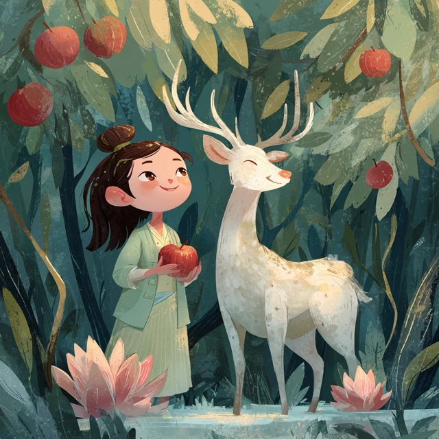 Girl and White Deer in the Garden