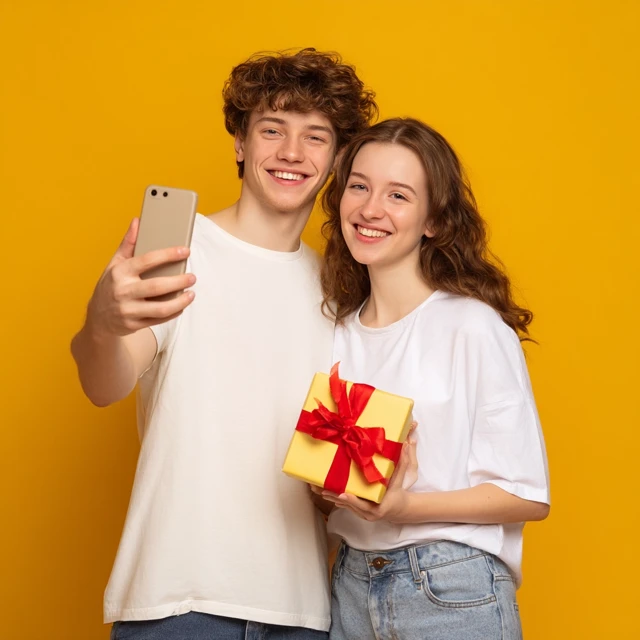 Happy Couple Giving Gifts Smiling Smiling