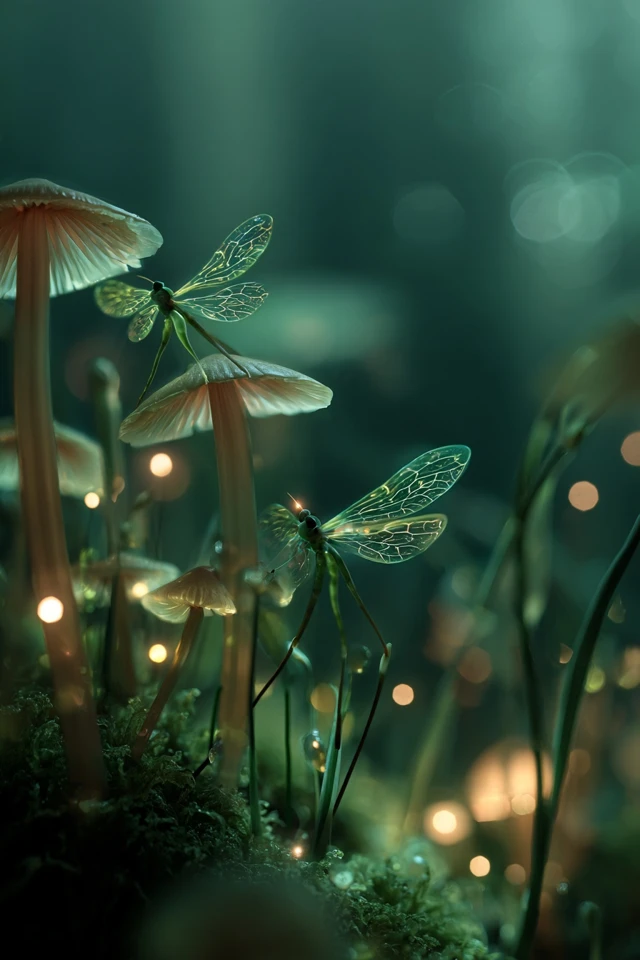 Dreamy Forest Scene Fairies and Mushrooms