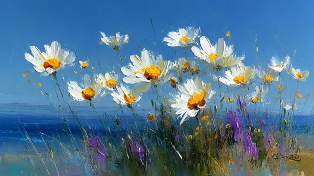 White Daisy Field Oil Painting
