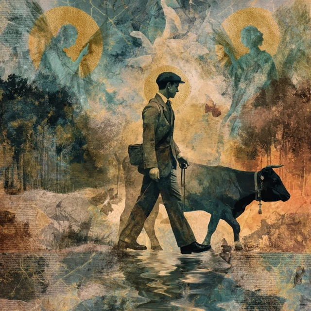 Man and Cow Forest Watercolor Painting