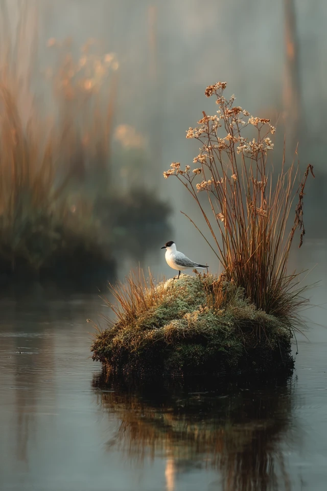 Misty Morning Island Black Headed Gull