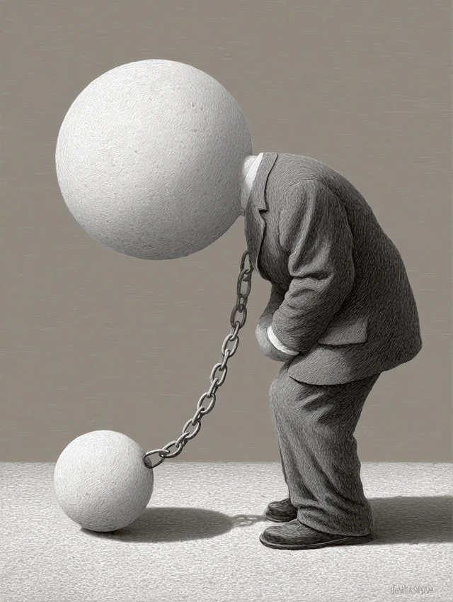 Surreal Image Man Carrying Burden Ball Chain
