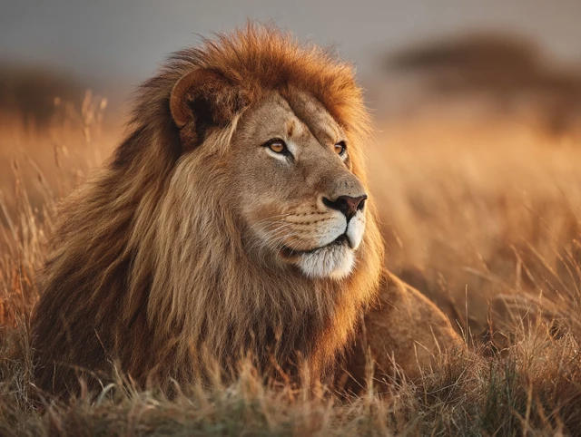 Majestic Lion in African Savanna Sunset Photography