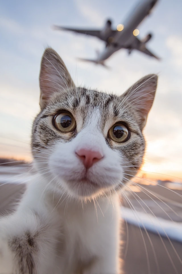 Cat Takes Selfie Plane Landing Sunset
