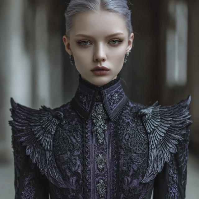 Gothic Lady in Black Lace Raven Details