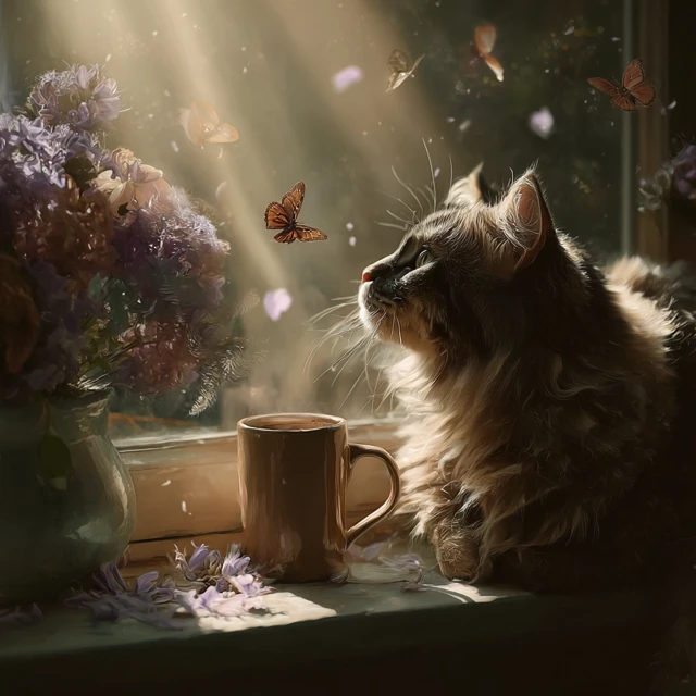 Cat Coffee Morning Sunbeam Illustration