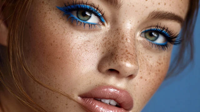 Freckled Model Electric Blue Eyeliner Beauty Closeup