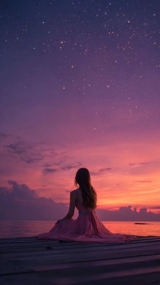 Woman on Pier Staring at Stars Night Sky