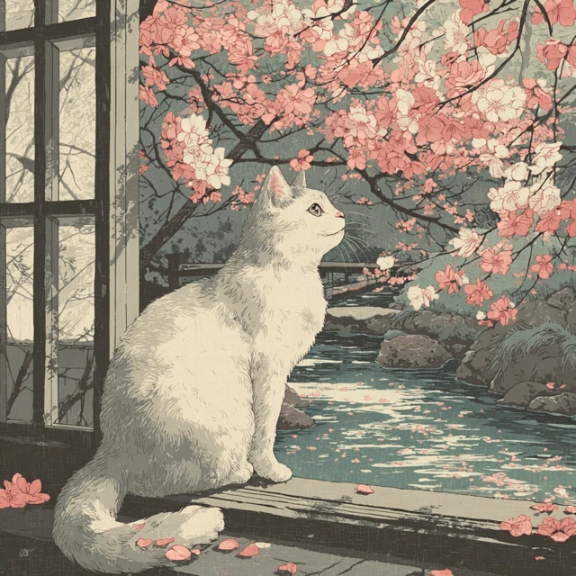 Japanese Woodblock Print Cat and Cherry Blossoms