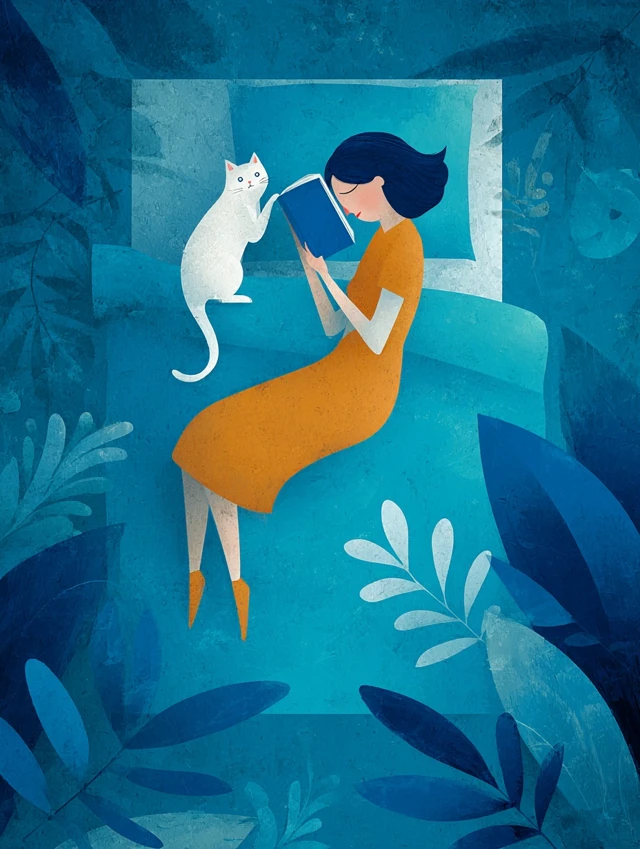 Woman Reading in Bed with Cat Minimalist Art