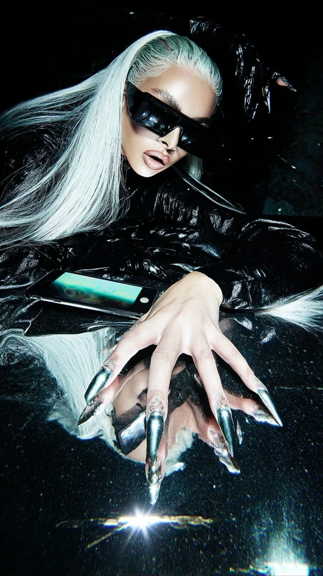 Cyberpunk Fashion Model with Metallic Nails
