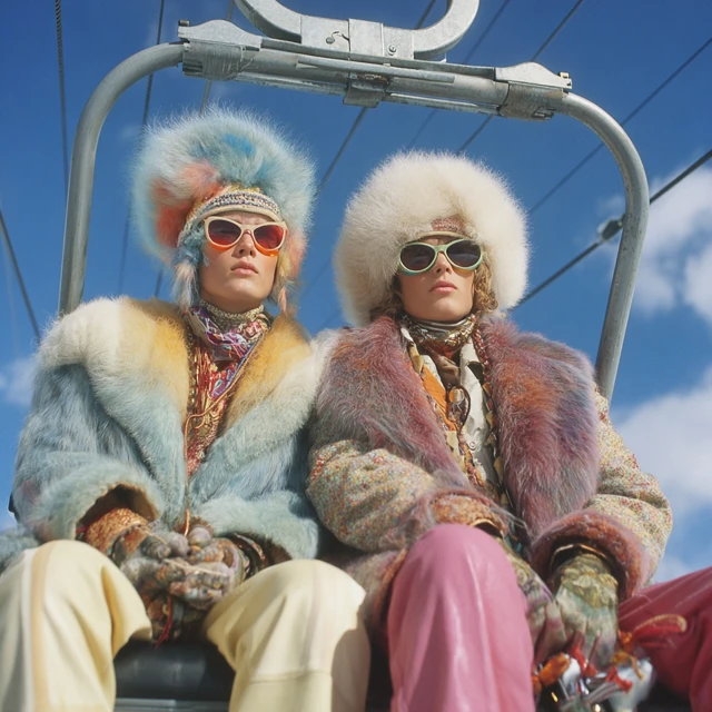 Luxury Vintage Skiers in Fur Hats Chairlift Blue Sky