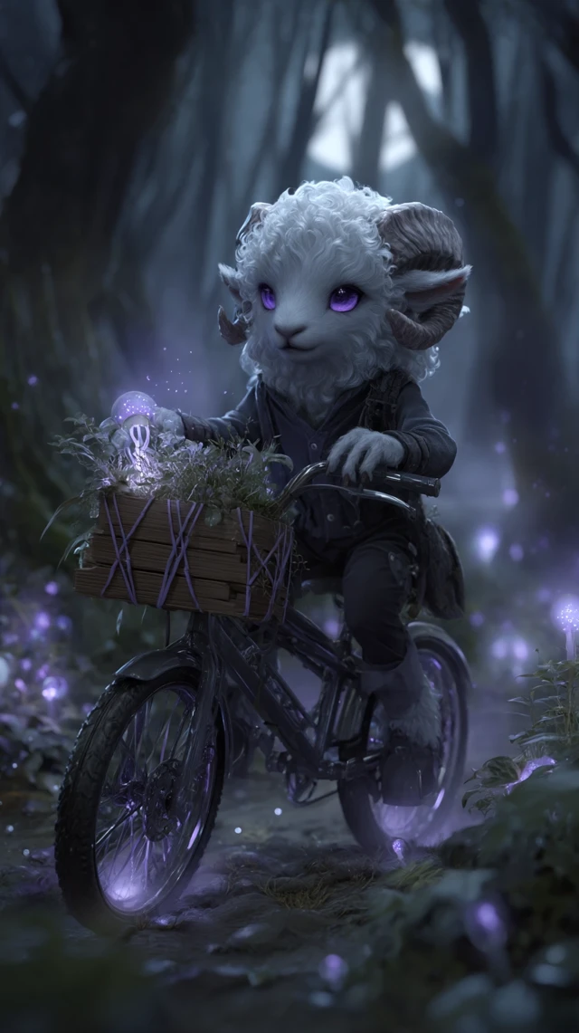 Fantasy Sheep Monster Baby on a Bicycle in Magical Forest