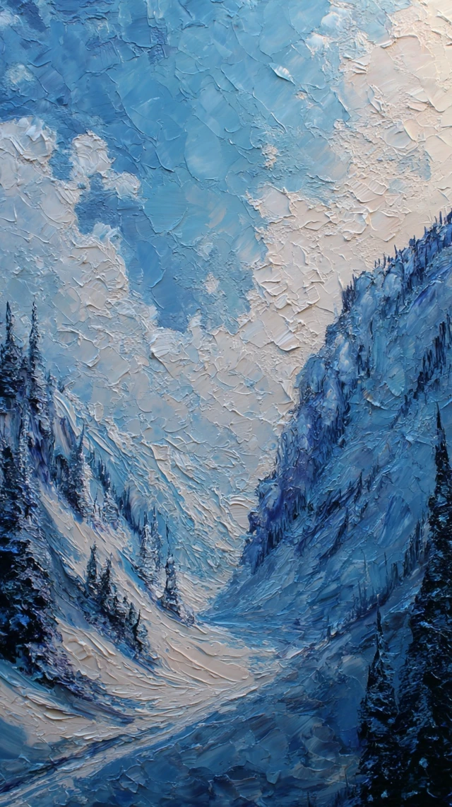 Alpine Snow and Glacier Valley Pallet Knife Painting