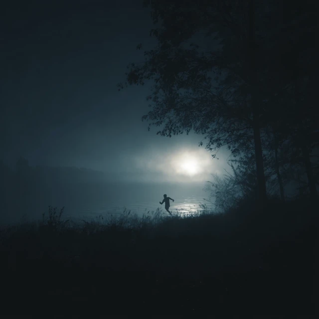 Horror Scene Silhouette Running from Foggy Lake