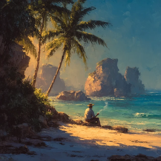 Man Smoking Cigar on Beach Alone Palm Trees