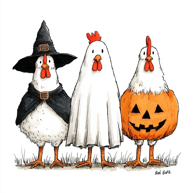 Halloween Chickens in Costume Cartoon Illustration