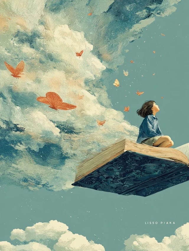 Girl on Flying Book  Dreamy Illustration Art