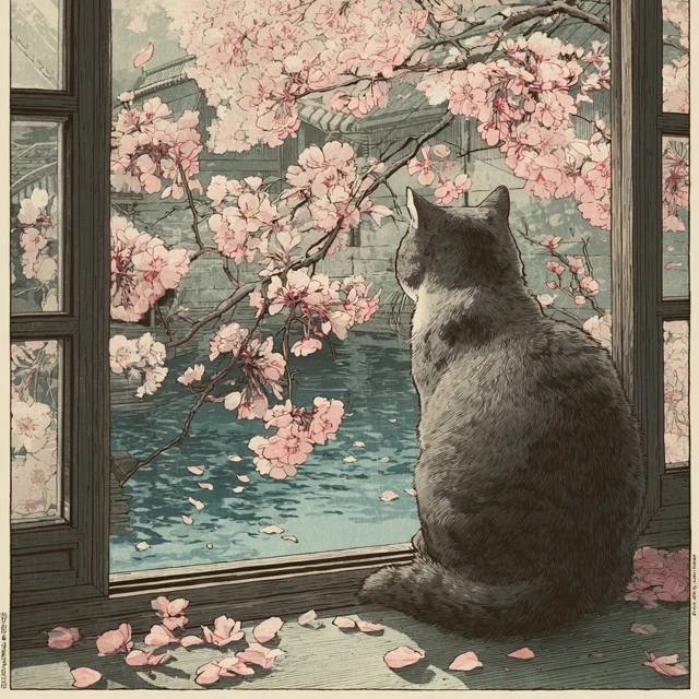 Japanese Woodblock Print Cat and Cherry Blossoms